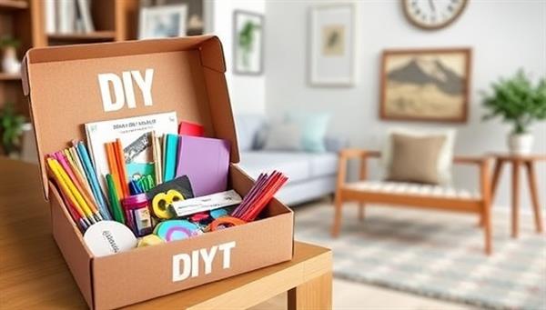An inviting image of a neatly arranged DIY kit box filled with colorful craft materials, accompanied by a completed home decor piece displayed in a stylish living room setting, evoking a sense of creativity and personalization.