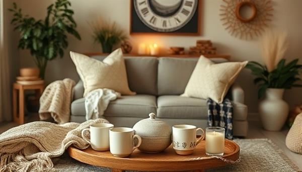 An elegant and cozy living room setting with elements from the subscription box, such as handmade ceramic mugs, woven throw blankets, and scented candles, creating a warm and inviting atmosphere that reflects the box