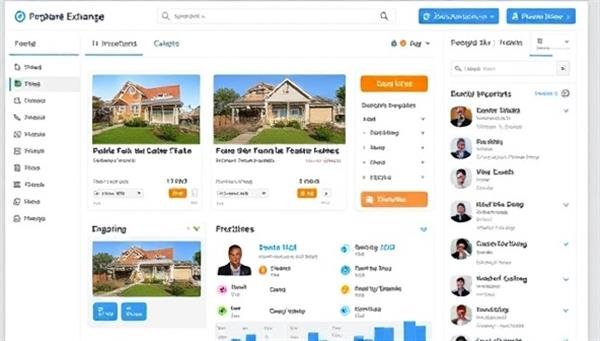 An interactive digital platform interface displaying property listings, investment opportunities, and user profiles engaging in fractional real estate investments, showcasing the accessibility and transparency of PropShare Exchange.