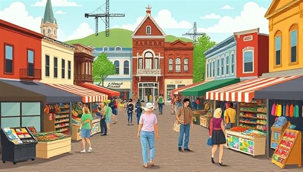 A bustling virtual neighborhood market scene with diverse vendors showcasing their products and services on a digital platform, surrounded by local landmarks and community icons, creating a vibrant and interactive marketplace experience that supports local businesses and artisans.