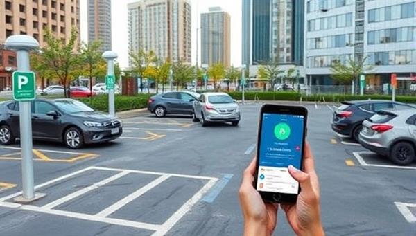 An urban parking lot equipped with IoT sensors, displaying real-time availability information on a mobile app interface, with happy drivers easily finding and securing parking spots, illustrating the convenience of the smart parking solution.