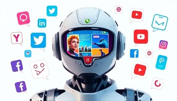 An AI-powered robot with a digital screen displaying vibrant social media posts, surrounded by icons of popular social platforms, representing creativity and technological advancement in content generation.