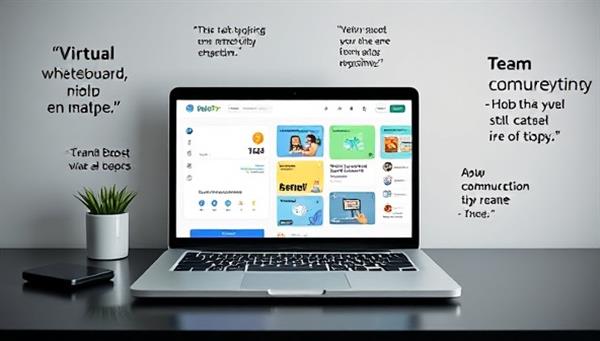 A digital workspace setup featuring a laptop displaying various TelePro Boost productivity tools like a virtual whiteboard, task tracker, and team communication hub, surrounded by motivational quotes and productivity tips, creating a focused and efficient remote work environment.