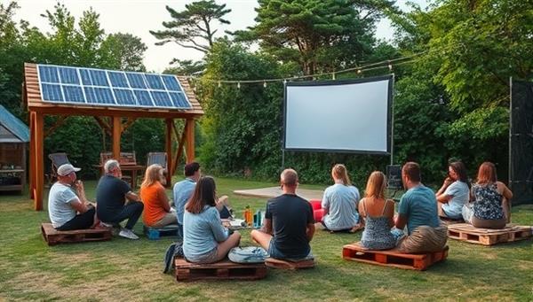 An outdoor movie setup with solar panels powering a projector, attendees seated on recycled materials like wooden pallets or bean bags, surrounded by greenery and eco-friendly decor, creating a sustainable and relaxing movie-watching environment.