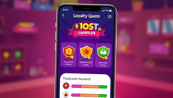 A colorful and engaging gamified loyalty app interface with badges, rewards, and progress bars, illustrating the interactive and playful nature of Loyalty Quest