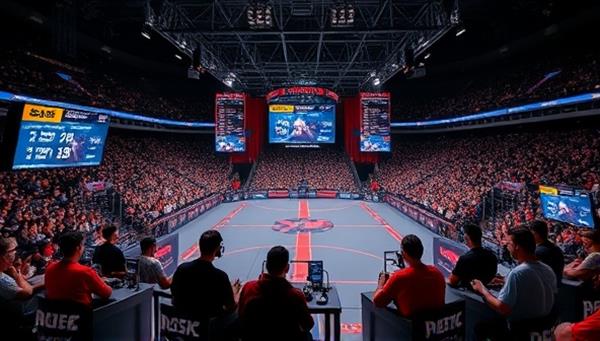 An e-sports arena setting with gamers competing in a virtual tournament, surrounded by cheering crowds and digital displays of game stats and odds, capturing the excitement and competitiveness of e-sports betting events on the E-Sports Elite Bet platform.