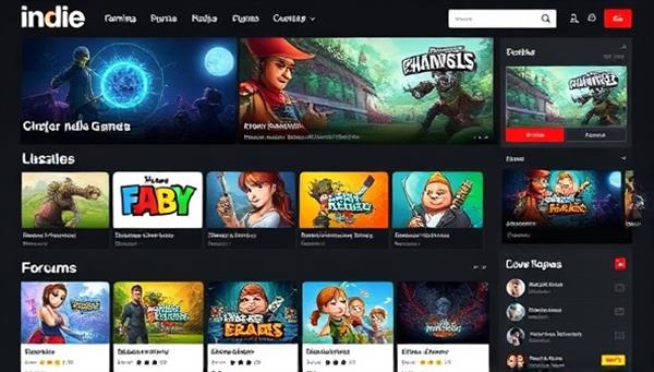 An online gaming marketplace interface showcasing a diverse collection of indie games, developer profiles, and community forums, with vibrant game artwork and user reviews highlighting the creativity and talent of indie developers, creating a hub for indie gaming enthusiasts and creators.