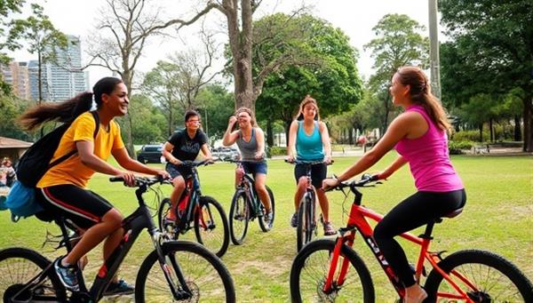 An energetic group of fitness enthusiasts participating in a RideFit Mobile training session on electric bikes in a scenic park, highlighting the blend of exercise, nature, and community in a dynamic outdoor setting.