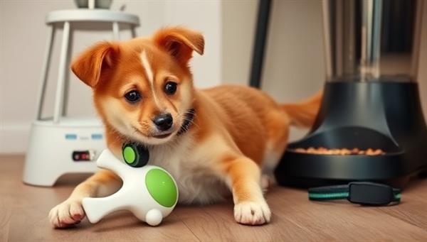 An adorable pet playing with a smart toy while wearing a health monitor, with a smart feeder in the background and a GPS tracker attached to its collar, creating a tech-savvy and pet-friendly environment that prioritizes comfort and well-being.