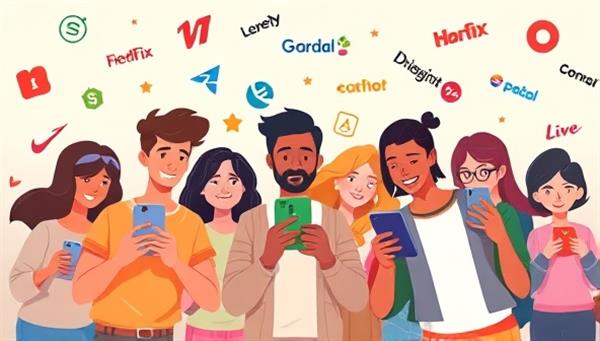 An animated illustration of a diverse group of people playing an interactive game on their smartphones, surrounded by floating brand logos and rewards, showcasing the fun and engaging nature of gamified advertising experiences.