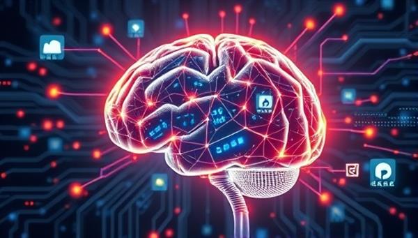 An AI algorithm visualized as a futuristic, glowing brain surrounded by digital ad elements, symbolizing creativity and intelligence in advertising.