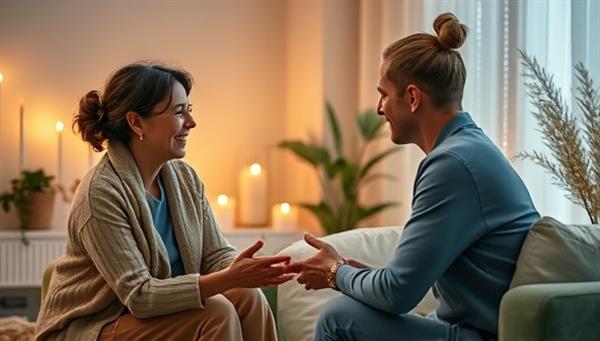 An emotional and supportive image of a therapist conducting a virtual counseling session with a client, displaying empathy and understanding, with comforting elements like candles and soft lighting in the background, creating a calming and therapeutic atmosphere.