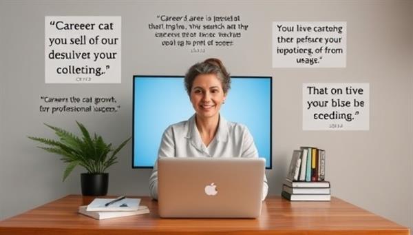 A professional visual representation of a virtual career coach guiding individuals through career planning and job search strategies via video consultations, surrounded by career development resources and motivational quotes, inspiring confidence, growth, and professional success.