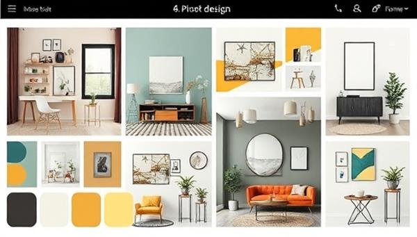 A visually appealing digital mood board showcasing various interior design elements such as color schemes, furniture pieces, and decor items, creating a cohesive and stylish room concept.