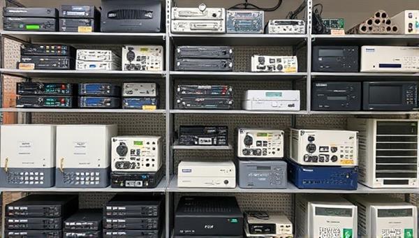 An image of a diverse selection of telecom equipment and devices neatly arranged on shelves in a rental service showroom, showcasing the variety and quality of gear available for short-term and long-term rentals at the service hub.