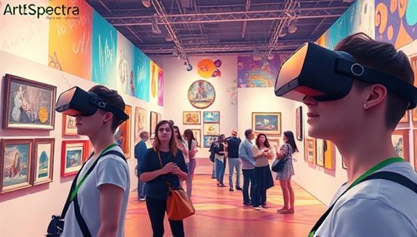 An imaginative digital illustration depicting users wearing VR headsets while exploring a vibrant virtual art gallery filled with diverse artworks, interactive information panels, and virtual event attendees mingling and discussing art, capturing the immersive and social aspects of the ArtSpectra VR platform in a visually engaging manner.