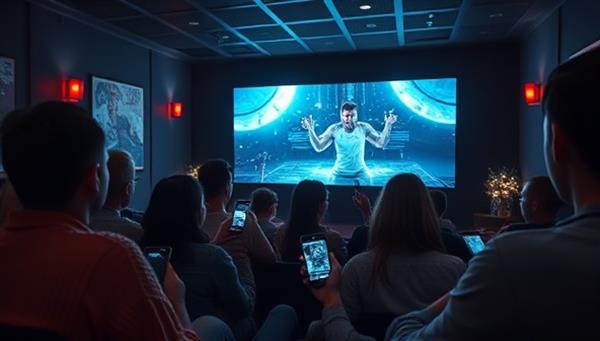 An immersive movie night setting with viewers interacting with their devices to influence the storyline of a film, surrounded by cinematic decor and dimmed lighting, capturing the essence of interactive movie streaming experiences.