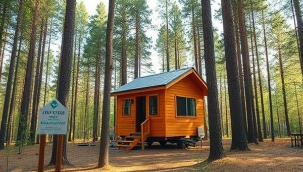 A picturesque tiny house nestled among tall trees in a serene forest setting, showcasing the beauty of off-grid living.