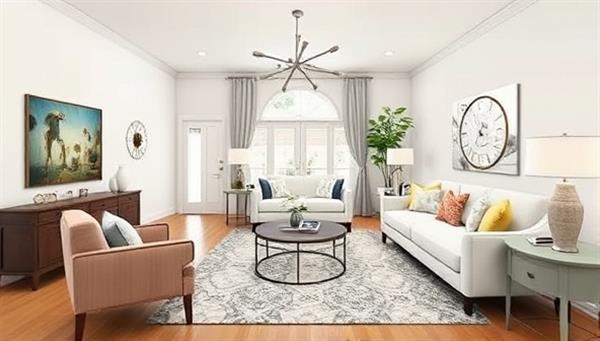 A virtual room rendering showcasing a beautifully designed living space with digital furniture placements, color schemes, and décor accents, illustrating the transformative power of Virtual Décor Vision