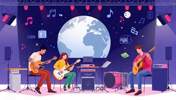 An engaging digital illustration featuring musicians from different locations collaborating on a virtual music project, sharing ideas, playing instruments, and recording tracks together, showcasing the seamless connectivity and creative potential of the online music collaboration platform.