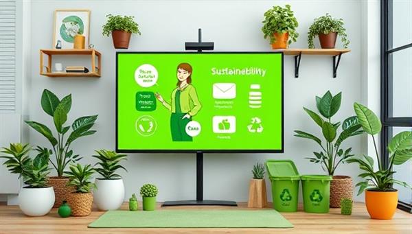 A green virtual sustainability consultation setup with a sustainability consultant presenting eco-friendly solutions on a digital screen, surrounded by sustainable products, recycling bins, green plants, and eco-friendly office decor, promoting environmental consciousness and positive change.