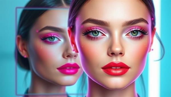 An interactive and futuristic visualization of a user trying on virtual makeup using the MirrorMagic AI platform, with different makeup looks overlaid on their face in real-time, showcasing the innovative and transformative beauty technology.