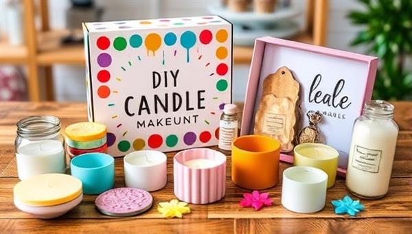 A colorful and inviting DIY candle making kit displayed on a wooden table, showcasing different candle molds, fragrances, and decorative elements, evoking a sense of creativity and the joy of crafting personalized candles at home.