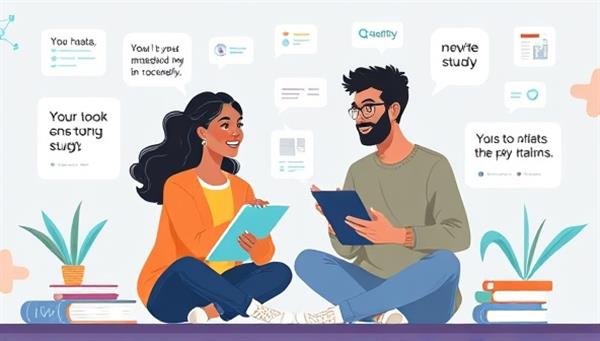 An engaging digital illustration of two diverse individuals interacting on a virtual study platform, sharing notes and discussing academic topics, surrounded by digital study aids and motivational quotes, illustrating the collaborative and supportive nature of the network.
