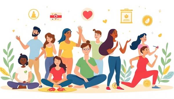 An engaging digital illustration showcasing a diverse group of individuals exercising, meditating, and eating healthily, surrounded by insurance symbols and wellness rewards, conveying the integration of insurance and well-being in the InsureWell Rewards program.