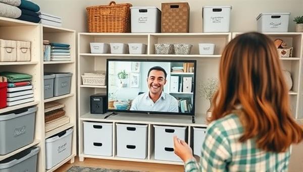 A professional organizer virtually guiding a client through a decluttering session, sharing organization tips and storage solutions via video call, surrounded by neatly arranged shelves, labeled bins, and a clutter-free room, creating a sense of calm and order.