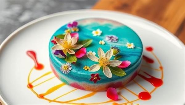 A beautifully crafted dessert resembling a vibrant painting on a plate, adorned with delicate edible flowers and artistic drizzles, showcasing the fusion of culinary skills and artistic creativity.
