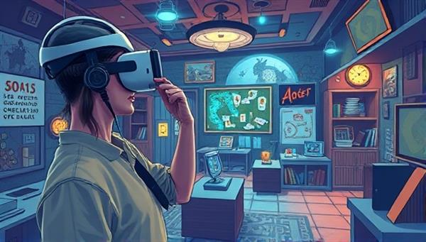 An illustration of a virtual reality headset-wearing player exploring a digital escape room filled with intricate puzzles, mysterious clues, and fantastical environments, capturing the essence of immersive and challenging gameplay.
