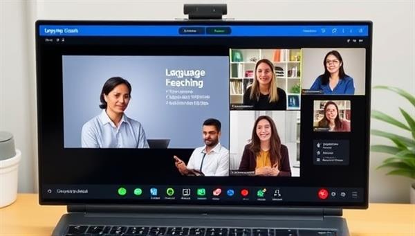 A virtual language coaching session screen with a coach providing pronunciation feedback, language exercises, and cultural insights, a diverse group of learners participating in the session, and language learning materials displayed, illustrating interactive and engaging language coaching in the digital realm.