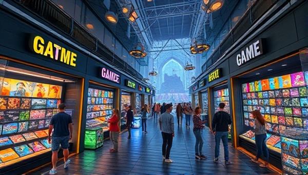 An immersive virtual marketplace scene with digital storefronts displaying colorful game items, artworks, and collectibles, surrounded by animated avatars browsing, trading, and interacting in a vibrant virtual world.