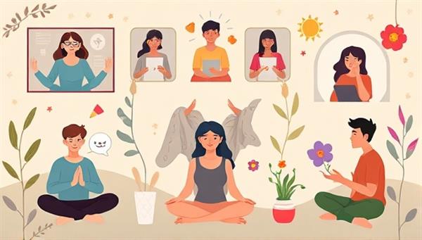 An emotionally resonant digital artwork featuring diverse individuals engaging in virtual therapy sessions, meditation practices, and supportive group discussions, surrounded by calming nature elements and mental wellness symbols, conveying a message of healing and community support.
