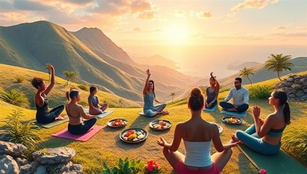 A vibrant and serene digital landscape featuring a diverse group of individuals engaging in virtual fitness classes, meditating, and enjoying healthy meals together, symbolizing unity and well-being in a digital world.