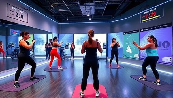 A virtual fitness studio environment featuring users in workout attire engaging in dynamic fitness routines and exercises led by virtual trainers, with motivational messages and progress trackers displayed in the virtual space, creating an immersive and interactive fitness education experience.