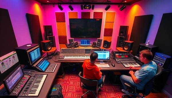 A vibrant visual representation of a virtual music production studio filled with recording equipment, synthesizers, and digital interfaces, with participants interacting with software and mixing tracks, capturing the creative and collaborative spirit of SoundCrafters workshops.