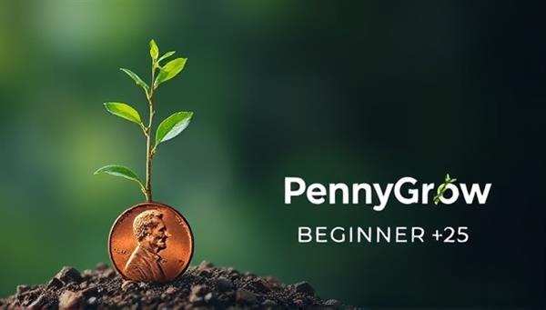 An eye-catching graphic of a penny sprouting into a vibrant money tree, symbolizing the growth potential of small investments on the PennyGrow platform, appealing to beginners seeking financial growth.