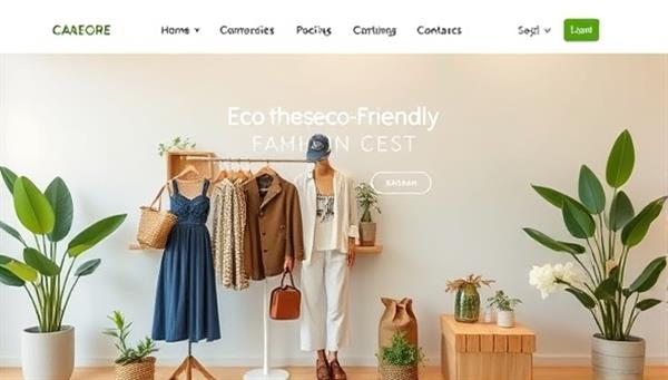 A visually appealing website layout featuring stylish and eco-friendly fashion products displayed on virtual mannequins, surrounded by greenery and sustainable packaging, conveying a sense of eco-consciousness and style.