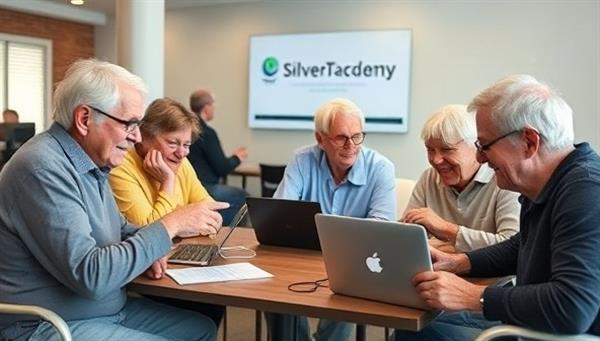 A group of seniors enthusiastically participating in a tech workshop, engaging with digital devices and learning new skills in a supportive and inclusive environment at SilverTech Academy, showcasing the integration of tech education and senior empowerment.