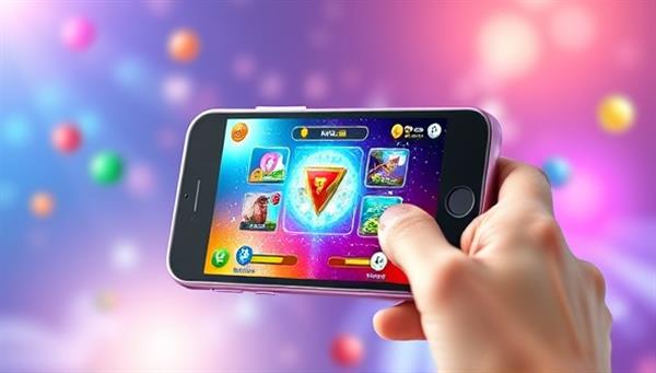 An engaging visualization of a mobile device screen showing a user playing an interactive ad game, with colorful graphics, a progress bar, and a reward system, capturing the excitement and entertainment value of the gamified social media advertising platform.