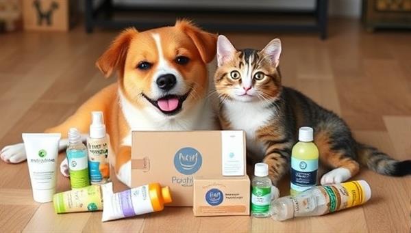 An adorable dog and cat playing together with a variety of wellness products from the subscription box scattered around them, showcasing the joy and health benefits of the curated items.