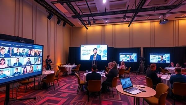 A virtual event setup with screens displaying interactive sessions, a virtual networking lounge, and engaging activities, illustrating the dynamic and engaging nature of virtual events.