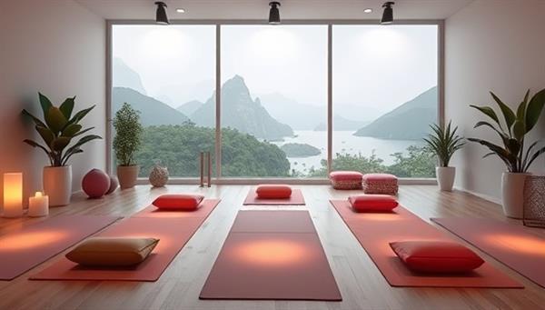 An inviting virtual yoga studio setup with serene decor, yoga mats, meditation cushions, and a calming atmosphere, accompanied by soft lighting and peaceful nature imagery, creating a tranquil and meditative retreat ambiance.