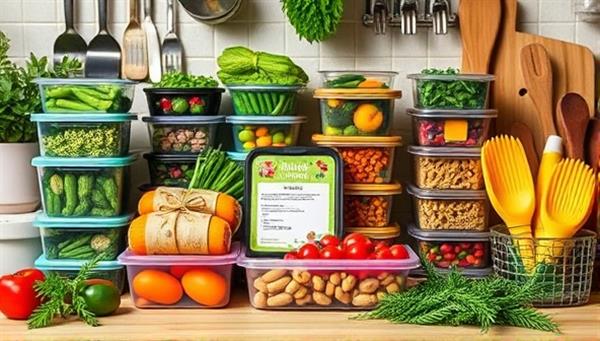 A vibrant kitchen scene with an array of colorful plant-based ingredients neatly organized in meal prep containers, a recipe card displayed prominently, surrounded by fresh herbs and cooking utensils, showcasing the convenience and health benefits of the meal prep kits.