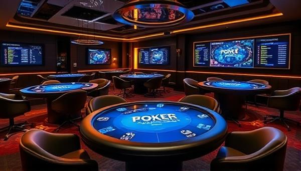 A sleek and modern poker lounge setting with digital poker tables, interactive screens displaying player statistics, and a sophisticated ambiance, capturing the luxury and tech-driven experience of PokerPro Haven.