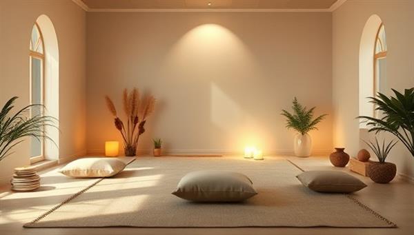A serene virtual retreat setting featuring a tranquil meditation space with soft lighting, comfortable cushions, and natural elements, creating a peaceful and inviting atmosphere for relaxation and mindfulness practices in a digital retreat environment.