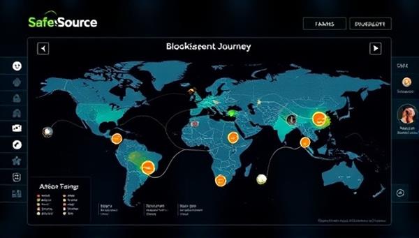A futuristic image of the SafeSource Trace platform interface displaying a visual map of a food product