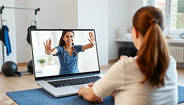 A dynamic visual of a virtual physical therapy session, featuring a therapist guiding a patient through exercises via a video call, with fitness equipment and a laptop in the background, illustrating convenience and professional support.